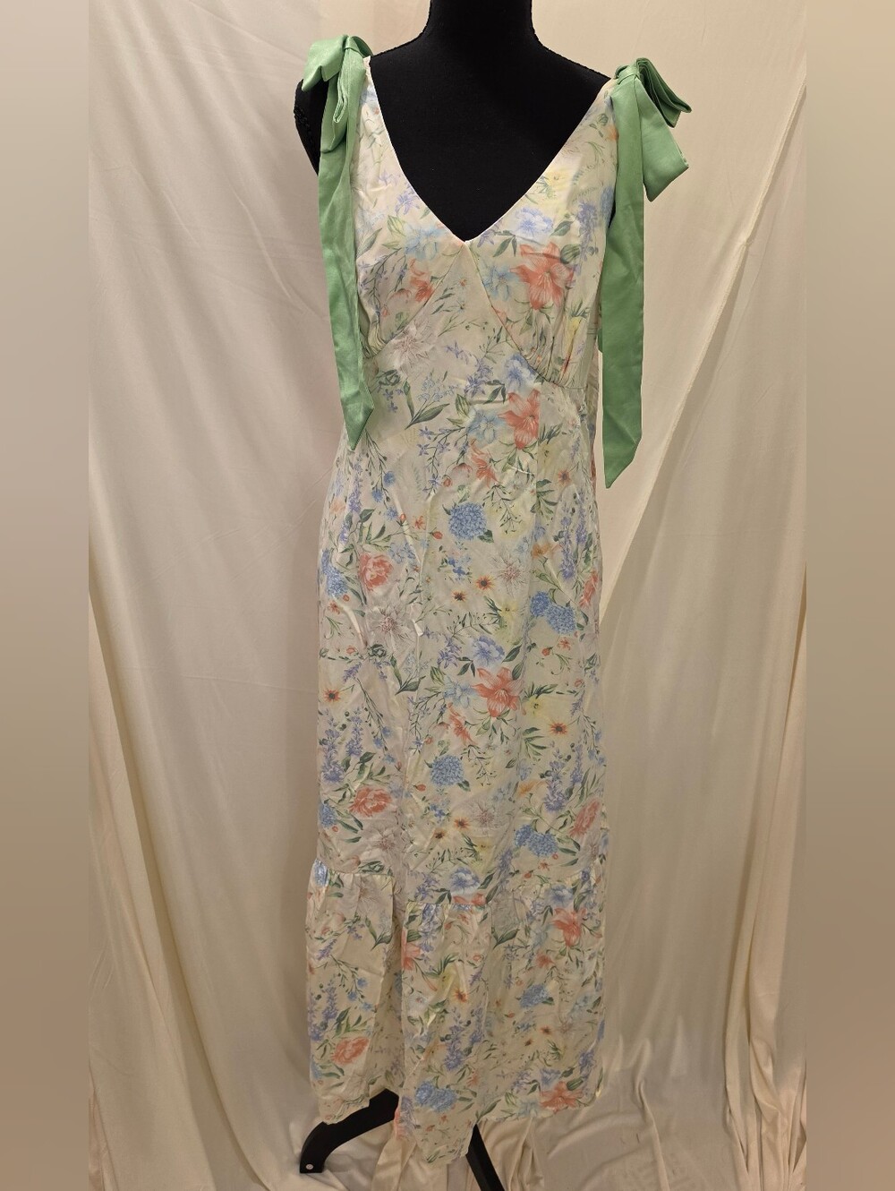 NWT Bridgerton Floral Slip Maxi Dress Yellow Green Bow Tie Shoulder Straps Med
